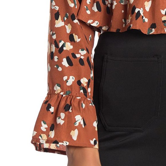 Camel Long Sleeve Ruffled V Neck Crop Blouse Top - Picture 5 of 8